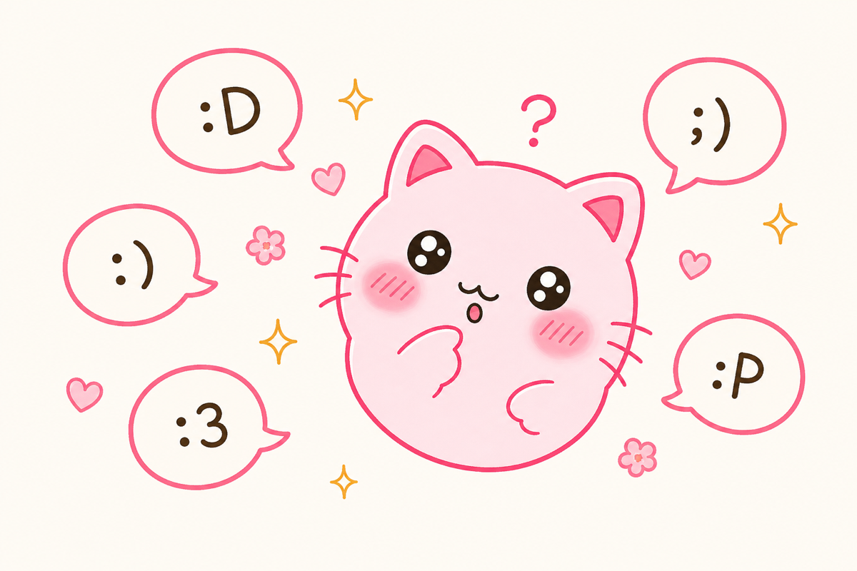 A pink cat mascot tilting her head at Western emoticons :D :) :3 ;) :P floating in speech bubbles