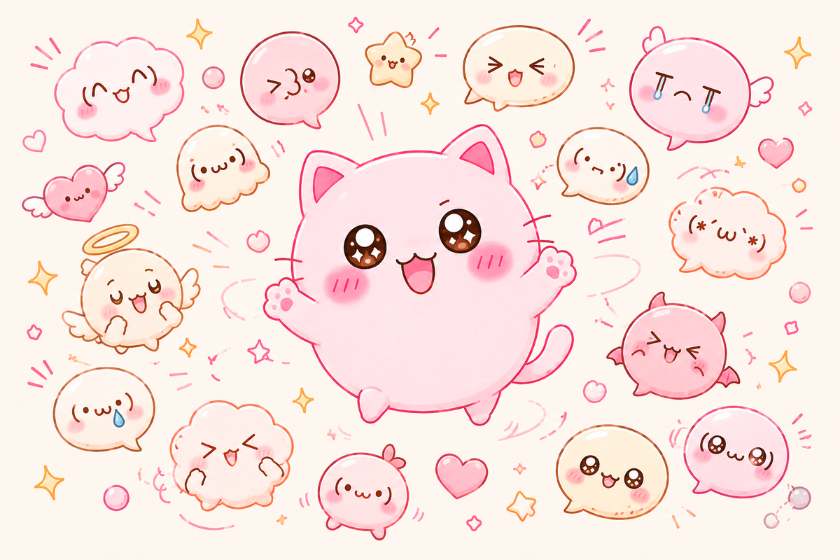 A pink cat mascot surrounded by a lively crowd of smiling kaomoji text faces